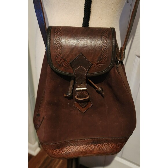 VINTAGE Boho Hippie BOLIVIA Handmade Tooled LEATHER Crossbody ShoulderBag Purse - Picture 7 of 9